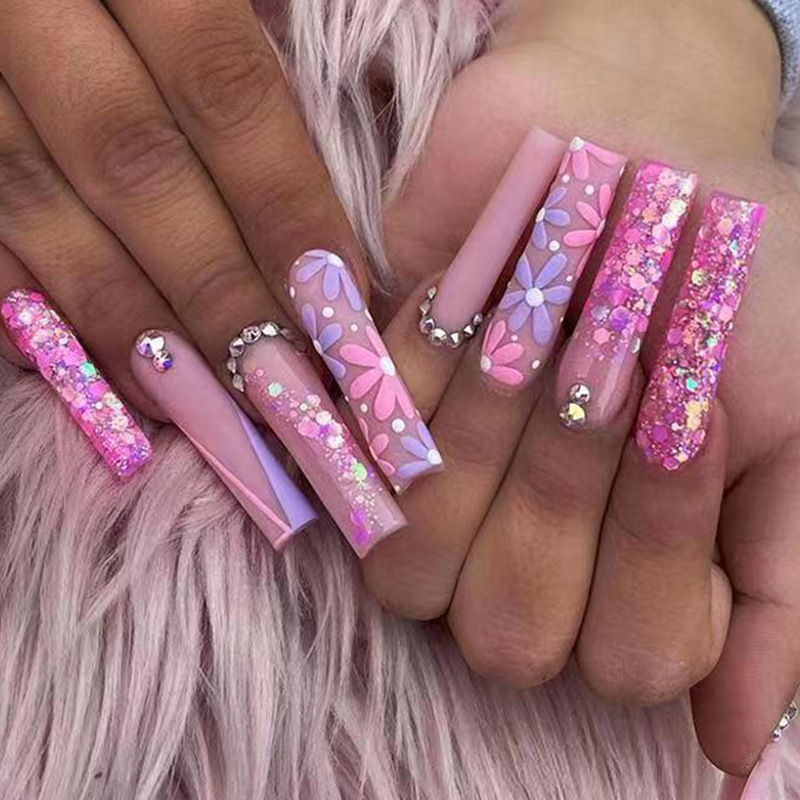 Pressed Flower Art - 24pcs Long Ballet False Nails Pink